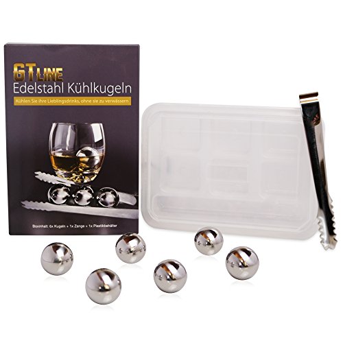 Whisky Steine Set von GTline - 6 wiederverwendbare Edelstahl Kühlsteine rund + Eiszange + Eiswürfelbox I 6er Set Edelstahl Eiswürfel I Whiskey on the rocks ice cubes