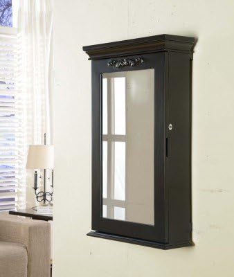 Nathan Direct Morris Lockable Wall-Mount Jewelry Armoire with Ring Holders, Earring Hooks, Necklace Hooks, and Compartments, Black
