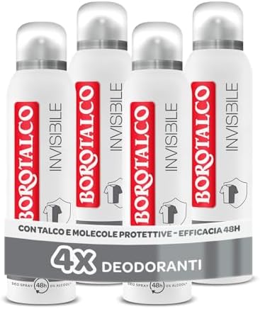 Borotalco, Deodorante Spray Invisibile Grigio, con Talco Effetto Barriera, Cattura e Non Trasferisce Aloni, 48h efficacia, Senza Alcool,Profumo Classico - 4 Pezzi da 150 ml - Esclusiva Amazon