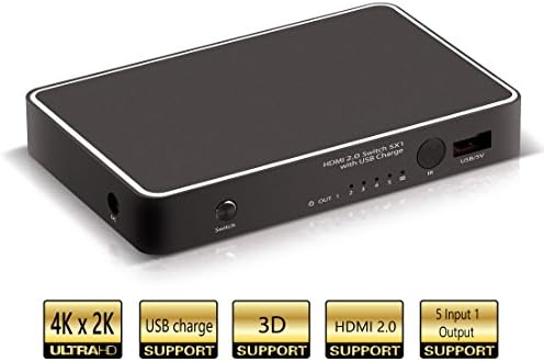 HEJSANG UHD 4K@60Hz HDMI Switch, 5x1 HDMI Switcher Splitter Selector Box 5 input 1 output with USB Charge and IR Wireless Remote Support UHD 4K 3D 1080P HDMI 2.0 HDCP 2.2 DVI 1.0