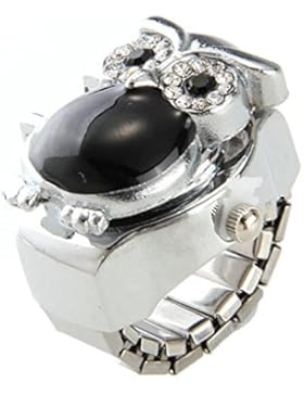 TOOGOO(R) 25x20mm Eule Ringuhr Finger Uhr Fingeruhr Uhrenring Metall Strass Schwarz TOP