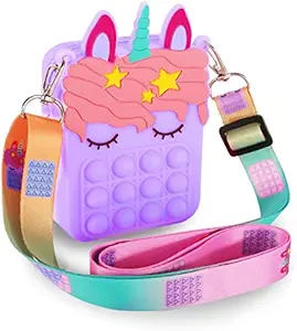 Toyshine Unicorn Shape Mini Shoulder Pop it Popit Purse Bag Fidget Toys for Girls, Sensory Silicone Fidget Gifts for Kids Girls Women- Purple