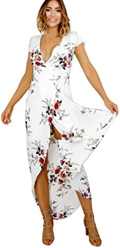 Women Dresses, Hmeng Sexy Women Maxi Dress V Neck Floral Print Short Sleeve Split In Front Dress Summer Beach Long White Dress For Ladies (White, XL)