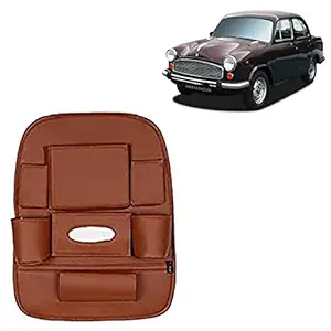 RD Universal PU Leather Car Auto Seat Back Organizer Multi Pocket Travel Storage Bag with Hangers, Tissue Paper and Bottle Holder-Tan Colour Compatible for HM Ambassador MPFi