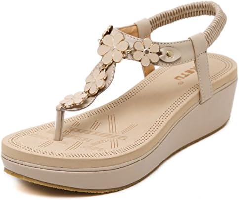 Women's Shoes Sandals Velcro Elastic Band Wedges Toe Sandals Girls Ladies Summer Lovely Soft Holiday Flip Flops Beach Shoes (Color : Apricot, Size : EU35)