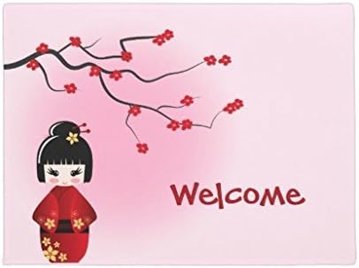 Lindeng Funny Front Door Mats Japanese kokeshi Doll at Sakura blossoms Doormat Rubber Floor Door Rug Outside Inside Mats 60x40cm
