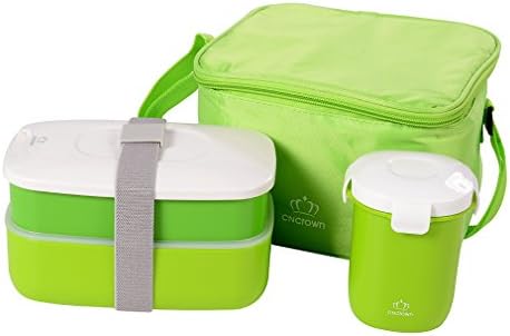 YanRun Lunch Bag and Box Set - Includes Insulated Bag with Handle,Soup Mug,Double Bento Box (Green)