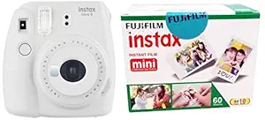 Fujifilm Instax Mini 9 Instant Camera (Smokey White) and Fujifilm Instax Mini Picture Format Film - Value Pack 60 Shots Films (White)