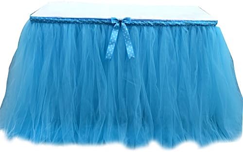 Table Skirt | 1 Yard Tutu Tulle Table Skirting Cover for Wedding, Birthday, Baby Shower, Slumber Party, Girl Princess, Home Decoration, Party Supplies (Blue with a Bow)