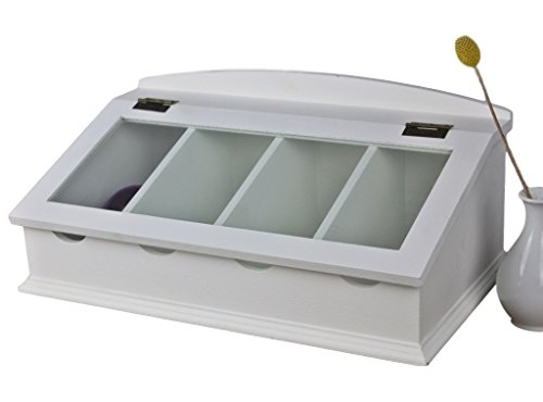 elbmöbel Besteck-Kasten mit Glasdeckel Holz, weiß, Kapselspender für viele Kapseln