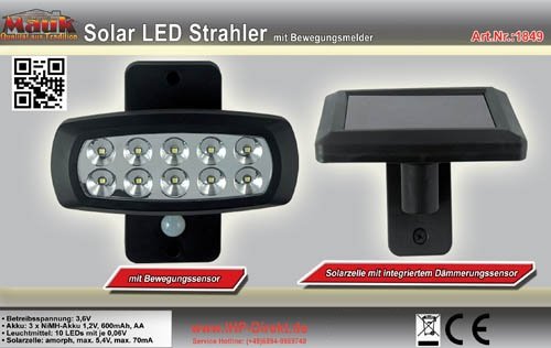 Mauk Solar LED Strahler Beleuchtung mit Bewegungsmelder, 10Leds, 1 Stück, 1849 - 3