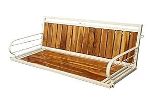 House of Jula Outdoor Swing Chair 3-Seater ISI M S Pipe Structure Seat of Wooden Stripes and 450 kg Capacity; Glossy Finishing, Ivory Color