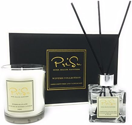 PriSu Special Edition Gift Set - Lime Basil &amp; Mandarin Scented Essential Oil Reed Diffuser (2.1 fl oz) and Pomegranate Scented 100% Soy Wax Candle (5.6 oz)