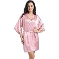 FOXBOOM Women's Kimono Robe Silk Bathrobe Sleepwear Short Satin Robes for Bridal Bridesmaids Dressing Gown (Large, Pink)