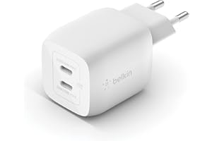 ‎BELKIN Belkin 45-W-USB-C-Ladegerät mit 2 Ports, Schnellladen mit Power Delivery 3.0 und GaN-Technologie für MacBook Pro, iPhone 17, iPhone Air, iPad, Galaxy S25, Pixel 10, Laptop - Weiß