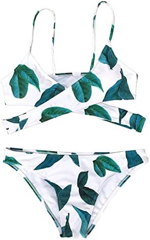 Seaselfie Women's Convertible Cross Padding Bikini Set Fresh Leaves Printing Small