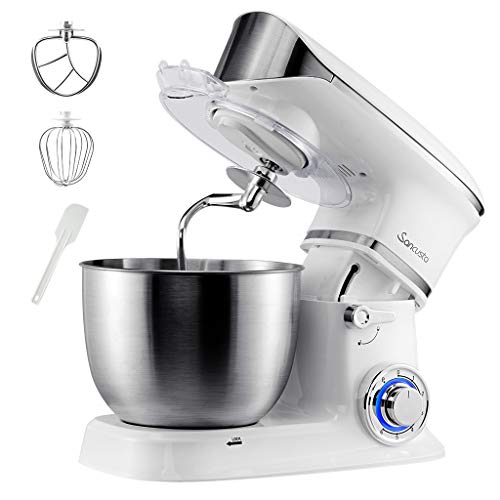 Sancusto - Batidora Amasadora 1000W Repostería, 5L Robot de Cocina Automática, 6 Velocidades, con Tapa Anti-Aceite, Acero Inoxidable, Ruido ? 75db, Color Blanco