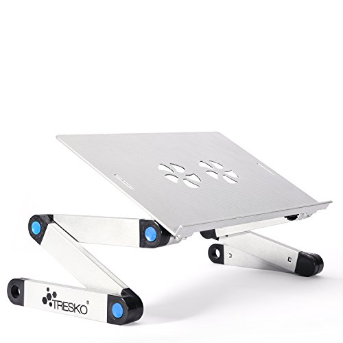 TRESKO® klappbarer Notebook-Tisch Laptop-Ständer Beamer-Tisch, aus hitzeabsorbierendem Metall, 15 kg Tragkraft, mit Luftschlitzen zur Laptop-Kühlung, auch als Frühstücks-Tablett oder Stativ verwendbar, individuell höhenverstellbar für ergonomische Sitzposition, in verschiedenen Farben (schwarz und silber) und Ausführungen (mit und ohne Lüfter, Stromversorgung per USB) (Silber - ohne Lüfter)