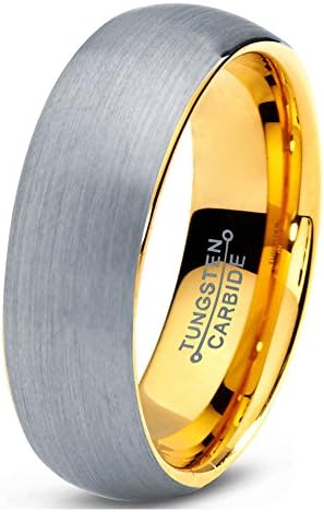 Tungsten Wedding Band Ring 7mm for Men Women Comfort Fit 18k Yellow Gold Plated Dome Brushed Lifetime Guarantee Size R 1/2
