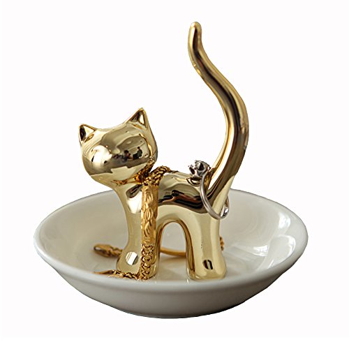 Preisvergleich Produktbild WAYER Katze ringhalter, Schmuck Ring Halter Ring behälter Kupferring-Inhaber Keramikplatten Adorable Katze Badezimmer Schmuck behälter-golden 10x10.5cm(4x4inch)