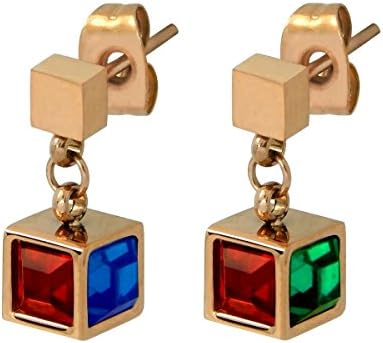 Luxury 18K Rose Gold Plated Stainless Steel Multi Coloured Cube Crystals Small Delicate Drop Studded Earrings High Quality
