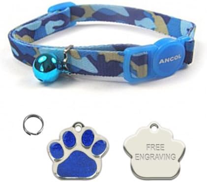 ANCOL Cat Blue Camouflage Quick Release Collar With Engraved Paw Print Shaped Glitter Cat ID Tag