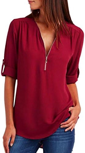 BA Zha Fashion Elegant Women's Solid Chiffon Shirt Simple Casual Autumn Tunic Loose Crop V-Neck Coat Zipper Pullover Sweatshirt Long Sleeve Tops Sexy Blouse Jumper T-Shirt (XL, Red)