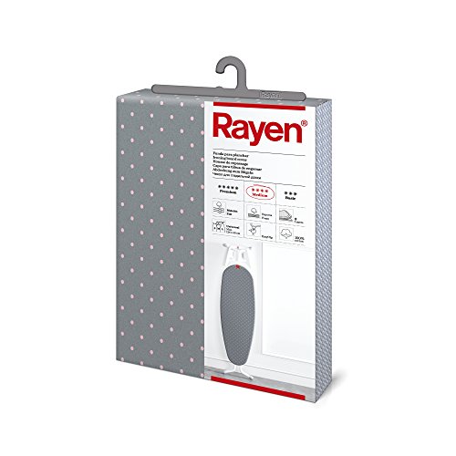 Rayen - Funda para tabla de planchar Universal (funda de planchar alcolchada y fácil de colocar con sistema EasyClip), 3 capas: Espuma, Muletón y tejido 100% de algodón. Gama Medium de Rayen. 130x47 cm, Gris con lunares rosas