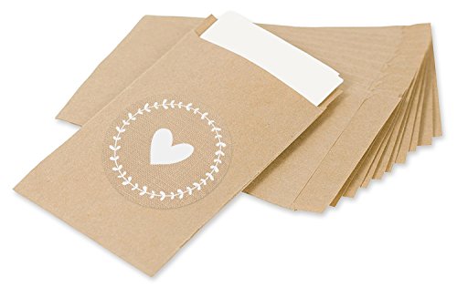 Freudentränen Set 100 braune Flachbeutel inklusive 100 runde Aufkleber / Sticker mit Jute-Optik und Herz als Verpackung für Freudentränen Taschentücher – TOP QUALITÄT aus Deutschland by KuschelICH - 3