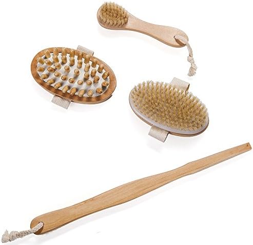 Body & Face Brush set for Dry Skin Brushing with Natural Boar Bristles and Long Handle - Back Scrubber Brush, Shower/Bath Brush for Dry Skin Brushing, Exfoliating, Cellulite Massager Brush Gift Set