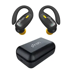 pTron Bassbuds Sports True Wireless Bluetooth 5.1 Headphones with Deep Bass, 32Hrs Total Playtime, Ergonomic Hook Design & IPX4 Water/Sweat Resistant Earphones with Built-in HD Mic (Black & Yellow)