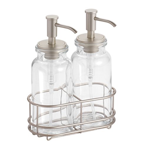 mDesign Doppelspender wiederbefüllbar – dezenter Pumpseifenspender aus Glas mit Pumpkopf aus gebürstetem Edelstahl – optimaler Seifenspender für Küche oder als Badzubehör mit jeweils ca. 440 ml Füllmenge - 2