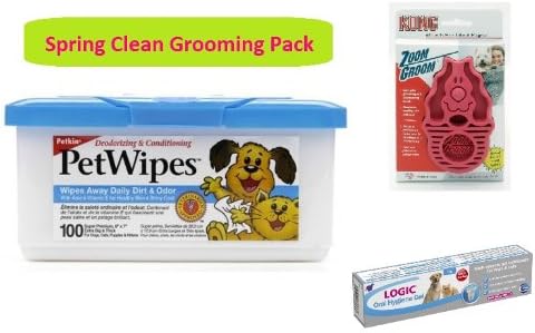 Spring Clean Grooming Pack: Petkin Wipes 100 Pack + Zoom Groom for Dogs + Logic Oral Hygiene Gel (inc. FREE Finger Toothbrush)