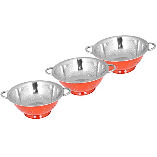 Kosma Set von 3 Stück Edelstahl/Griff tief Colanders, Größe 18 cm, 22 cm und 28 cm | Pasta Salat Obst Lebensmittel Sieb in der Farbe Orange