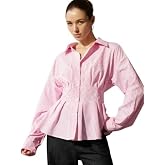 Pataka Devi Women’s Pink Striped Button-Up Shirt with Cinched Waist Pleated Detailing Long Sleeves Collared Neckline Structur