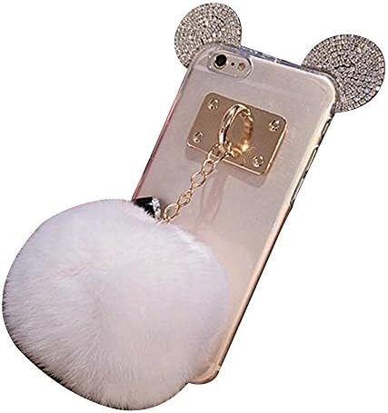 Tping Soft TPU Case for iPhone 6/6s 3D Diamond Bling Ear Design Transparent Back Cover with Plush Ball Phone Protective Shell for Apple iPhone 6/6S 4.7 Inch + Neck Strap Lanyard + Luminous Dust Plug (White)