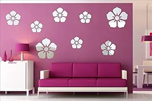 Wall1ders Flowers 3 Sizes Mirror Stickers for Wall, Acrylic Stickers, Mirror Stickers for Wall, Mirror Stickers for Wall, Acrylic Stickers, wall mirror stickers, wall stickers for bedroom, hall, Home Offices - Pack of 8 (Silver, 3Size)