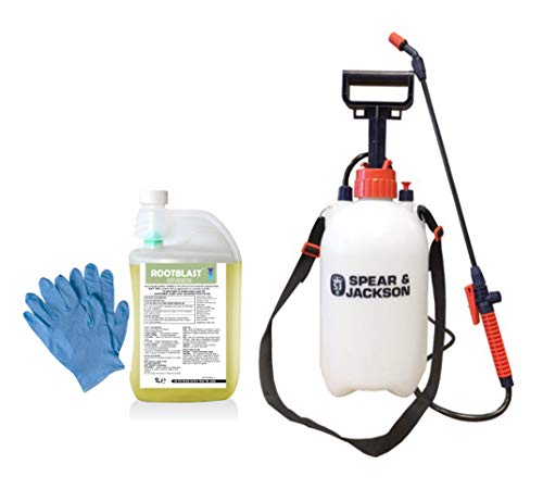 Rootblast 360 Glyphosate Weedkiller 1L with integral measuring device Pair of Gloves 5L Pump Sprayer 1L makes up to 50L