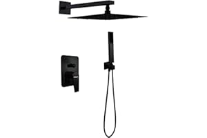 SOLVEX Set De Ducha Sistema de Ducha Empotrado Negro,Set Ducha Conjunto de Ducha Completo con Mezclador Ducha de Lluvia y Ducha,Alcachofa de Ducha 20cmx20 cm,Cuerpo de Latón,SP-90110-N