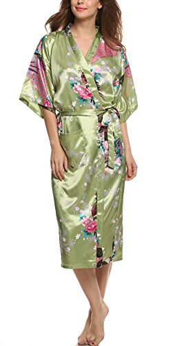 Avidlove Damen Morgenmantel Kimono Robe Bademantel Nachtwäsche aus Satin mit Peacock und Blüten entwerfen Robe Lange Stil - 2