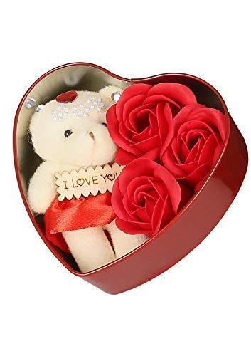 Mixunbox Fabric Heart-Shaped Box with Teddy and Roses