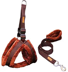 Petshop7 Premium Qualtiy Fur Padded Nylon Dog Harness & Leash Set Small (Chest Size - 23-28inch) Brown