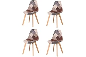 HJhomeheart Juego de 4 Sillas de Comedor, Silla de Comedor de Patchwork Multicolor, Silla de Tela con Patas de Madera Maciza para Comedor, Sala de Estar (Marrón)