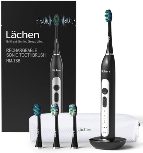 Lächen Spazzolino elettrico sonico con 4 testine e timer, 3 modalità e 3 livelli di vibrazione con borsa da viaggio (nero)