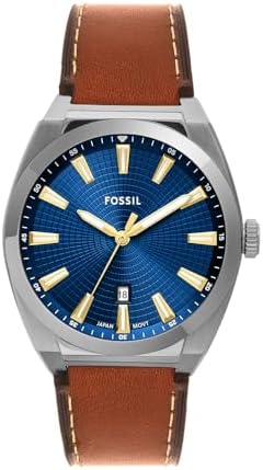 Fossil Orologio Everett da uomo, Movimento al quarzo con data a tre lancette e cinturino in pelle o acciaio inossidabile, 42 mm, Marrone e blu