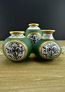 Vintage Gulley Warli Hand-Painted Living Room I Home Decorative Miniature Terracotta Pots Set - Green I Golden - Set of 3