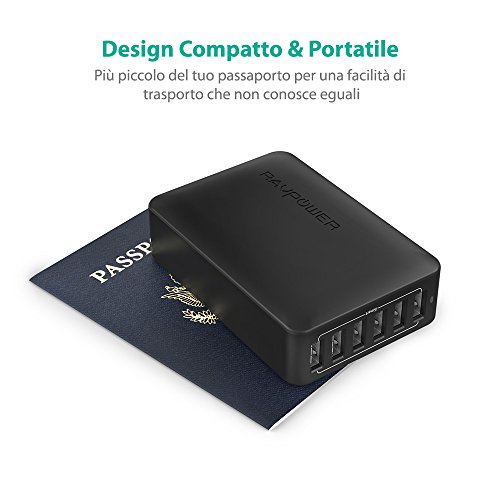 Caricatore USB a Muro 60W 12A con 6 Porte di RAVPower Stazione Ricarica iSmart CompatibilitÃ  Universale Triplo Meccanismo di Protezione - Nero