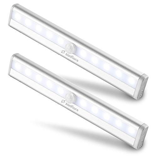 Lámpara LED de Armario, Zanflare Barra de Luz con Sensor de Movimiento 10 LEDs Lámpara LED Nocturna para Armario/Cajón/Camino,Lámpara a pilas [Clase de eficiencia energética A] (2 Pack)