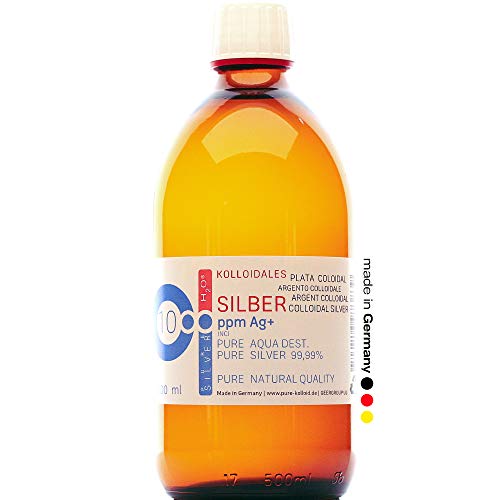 500ml Plata coloidal PureSilverH2O - Botella 500ml/10ppm Plata coloidal - 99,99% de plata pura - la mejor calidad - Made in Germany