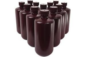 LABBOX KENZIUM - Pack of 12x Narrow Neck HDPE Bottles, for light sensitive products, 500 ml | Amber wide mouth Laboratory Vials +black screw cap, High Density Polyethylene |Solid and Liquid Sample Storage